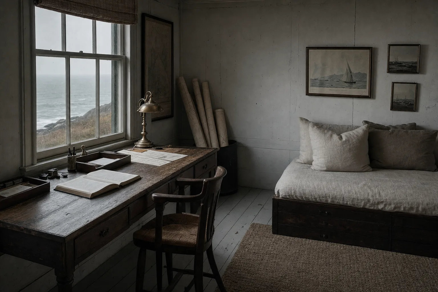 The Chart Room — writing desk and daybed under coastal light