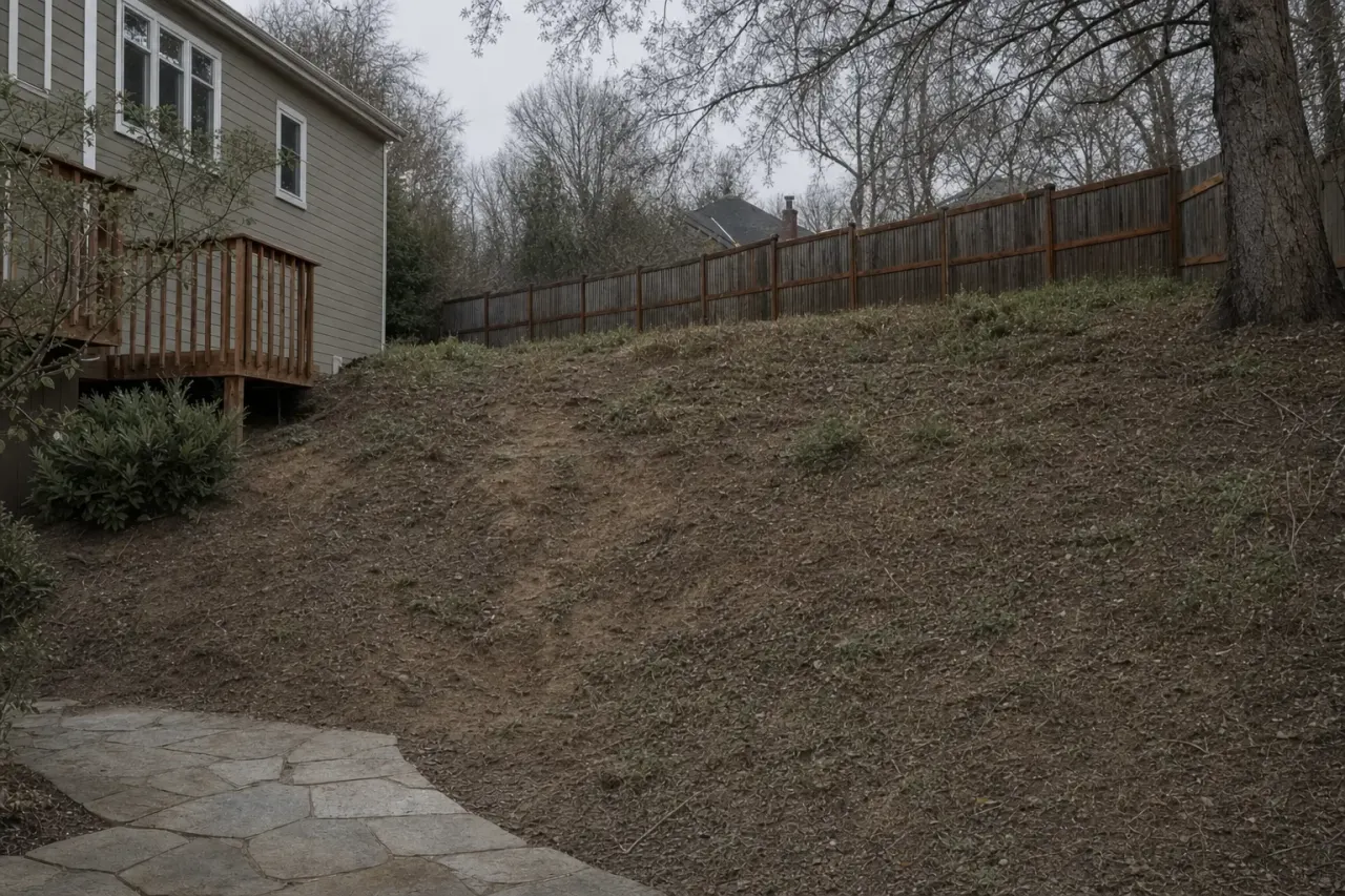 A steep weedy eroded slope before terracing