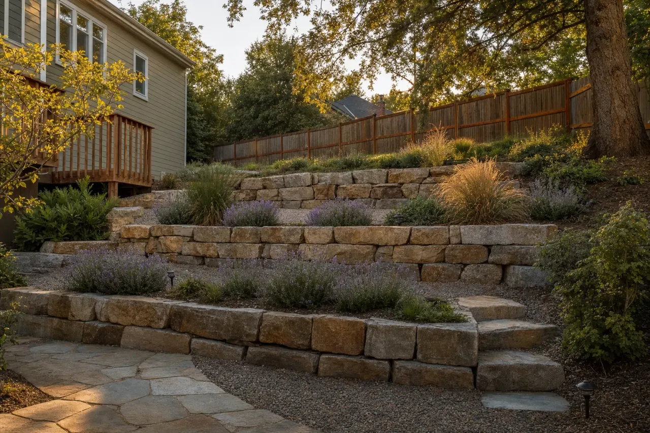 The slope rebuilt as three stone terraces planted with lavender and grasses