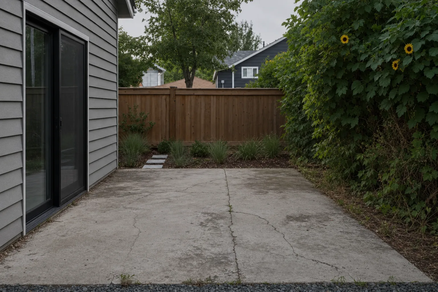 A cracked bare concrete slab patio before the rebuild