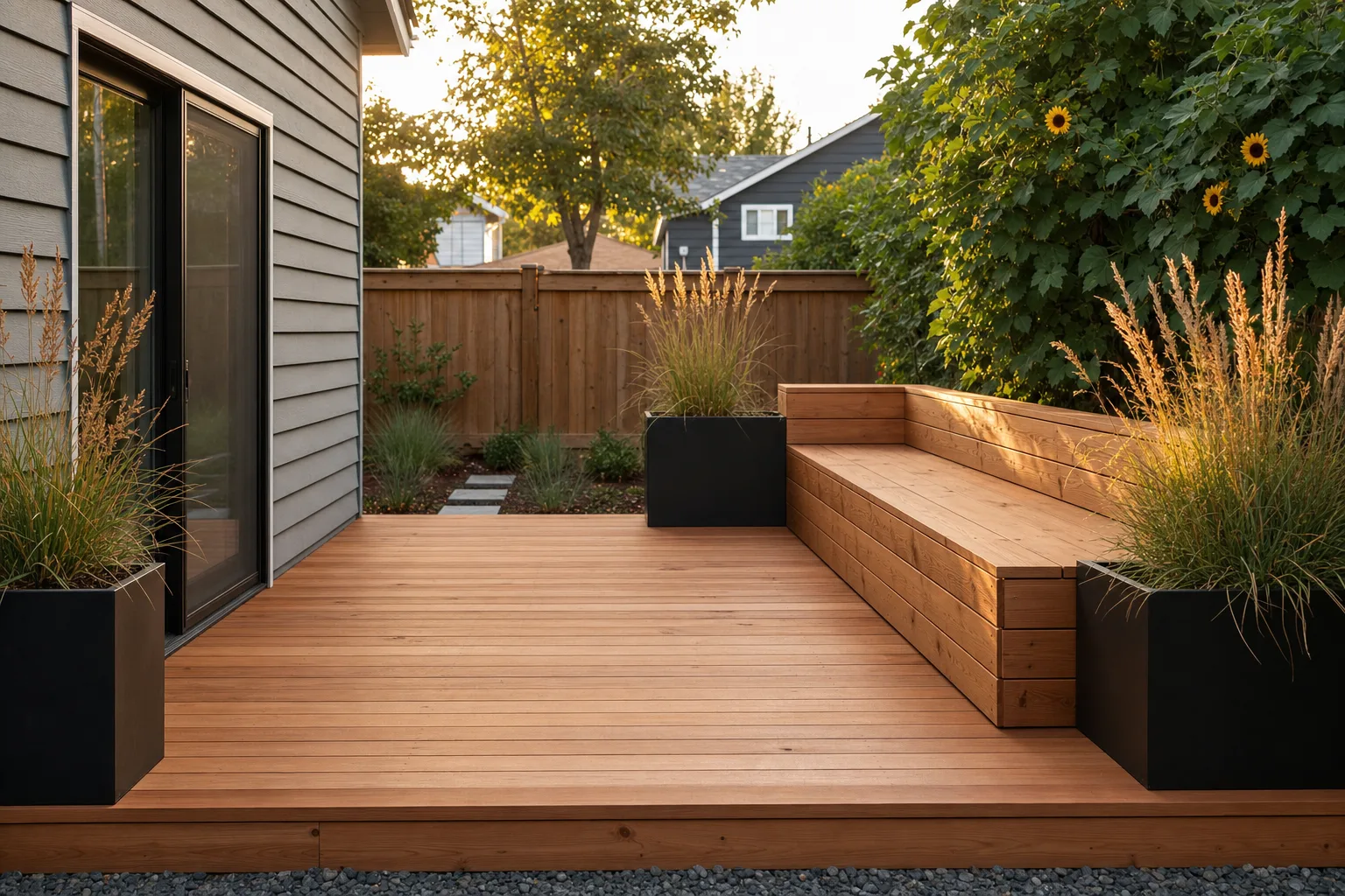 The same patio rebuilt as a cedar deck with built-in bench and steel planters