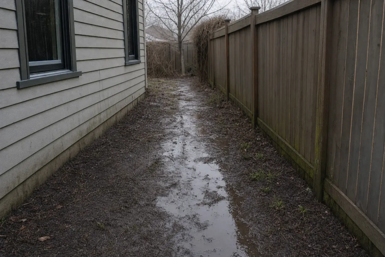 A muddy neglected side yard before the path