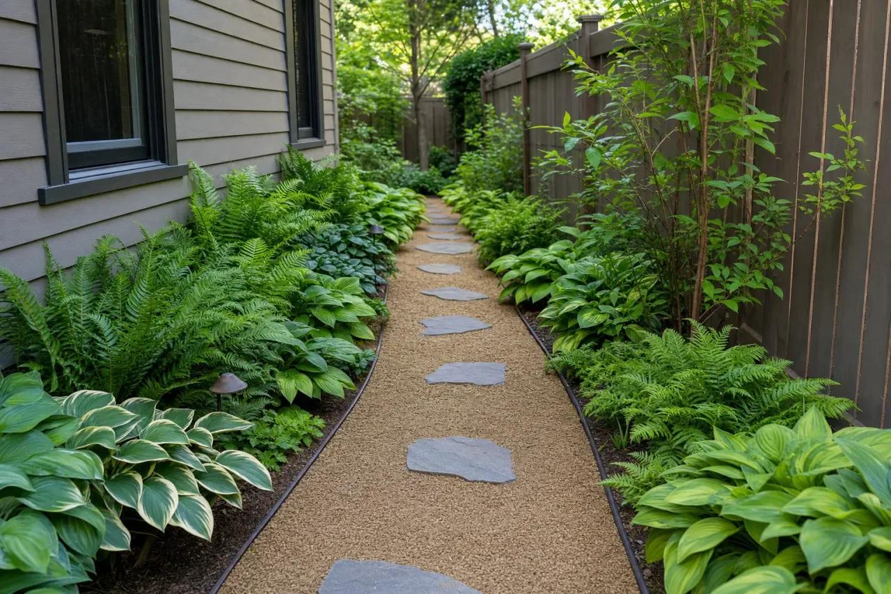 The side yard finished with a gravel path, steel edging and layered ferns