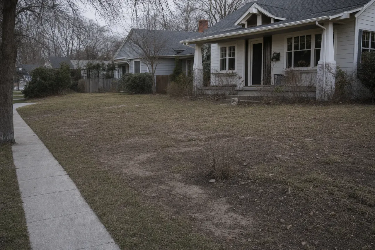 A patchy failing lawn with bare dead circles