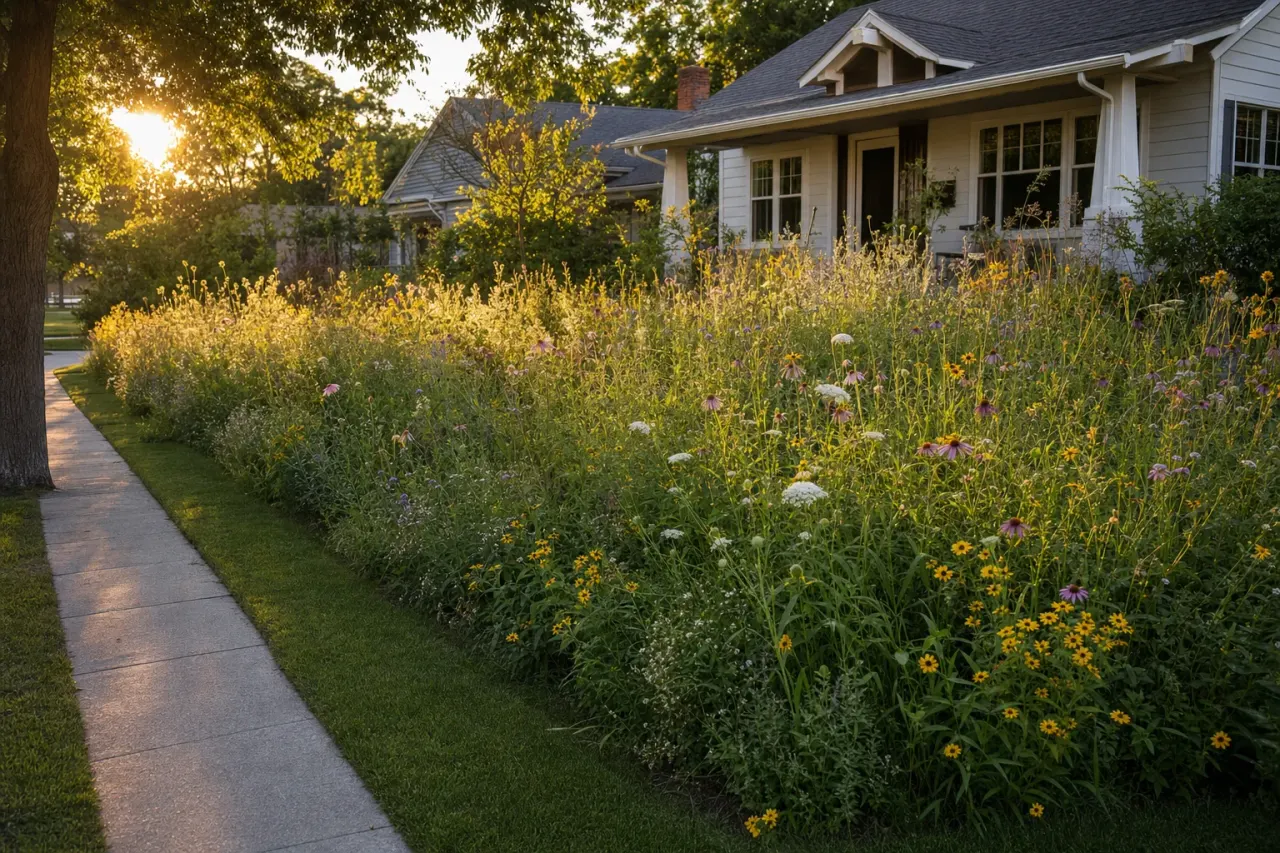The lawn converted to a wildflower meadow with a mowed border