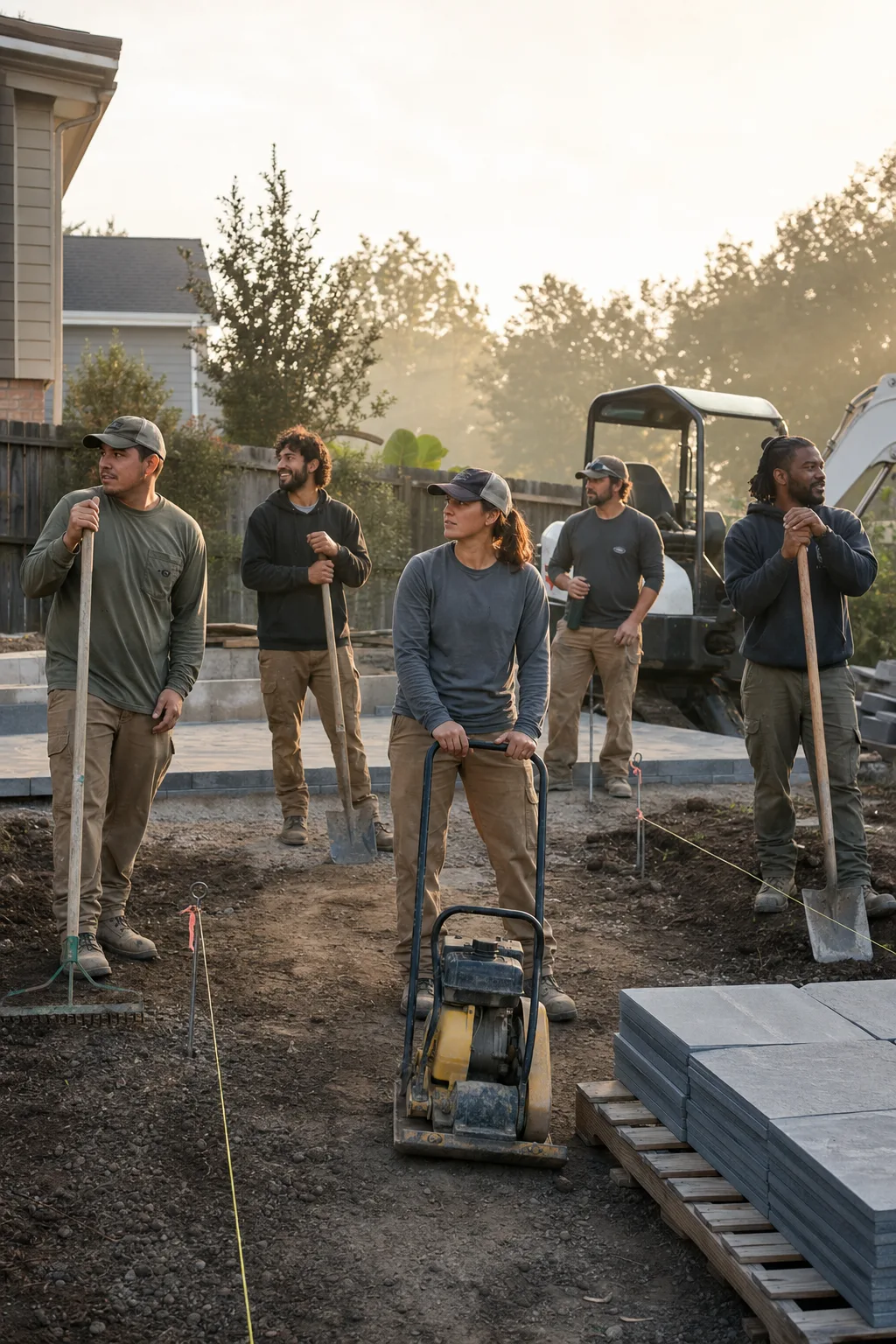 The five-person Talus crew at morning light in a half-built yard, tools in hand