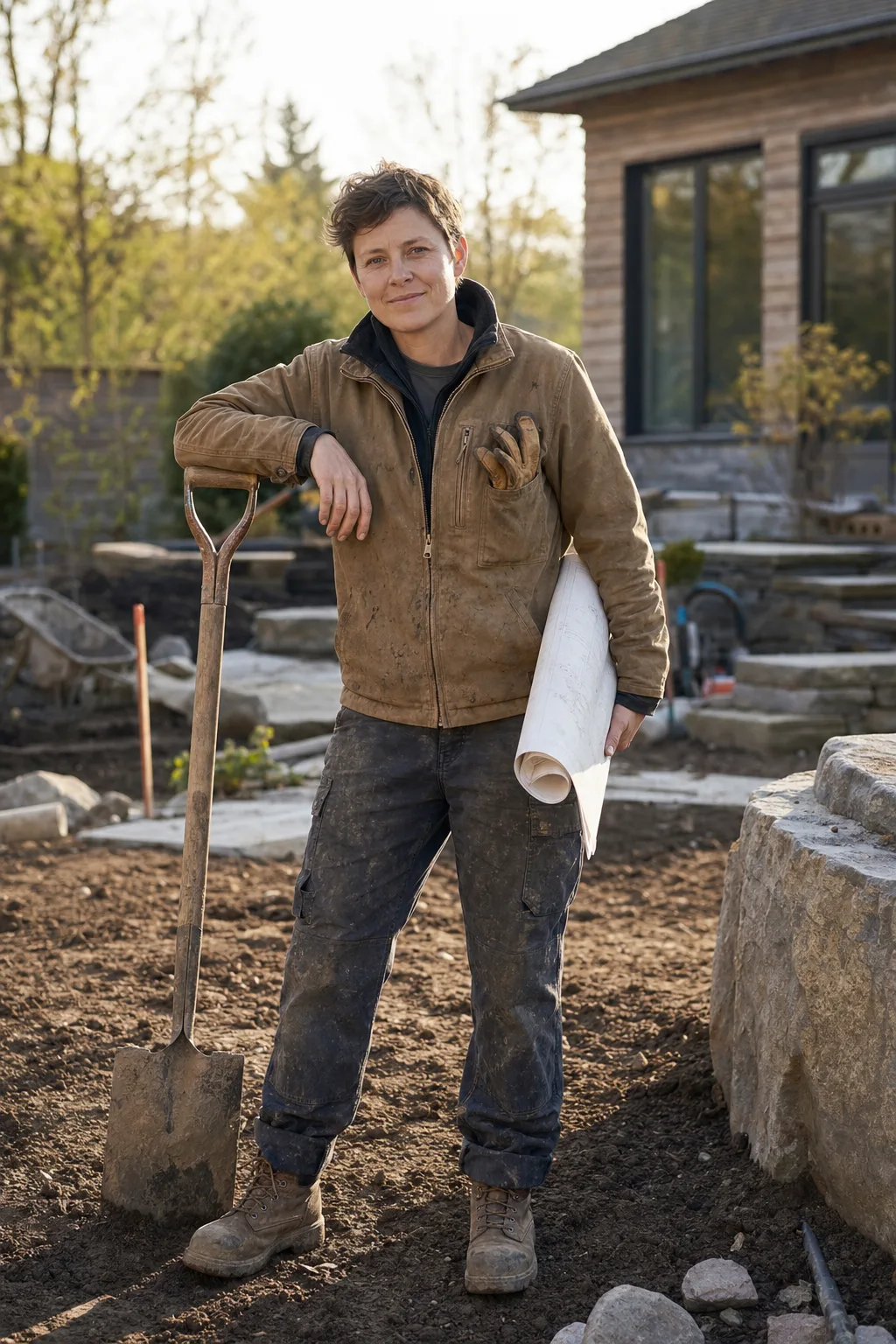 Rowan Petty leaning on a spade in work gear, plans rolled under one arm
