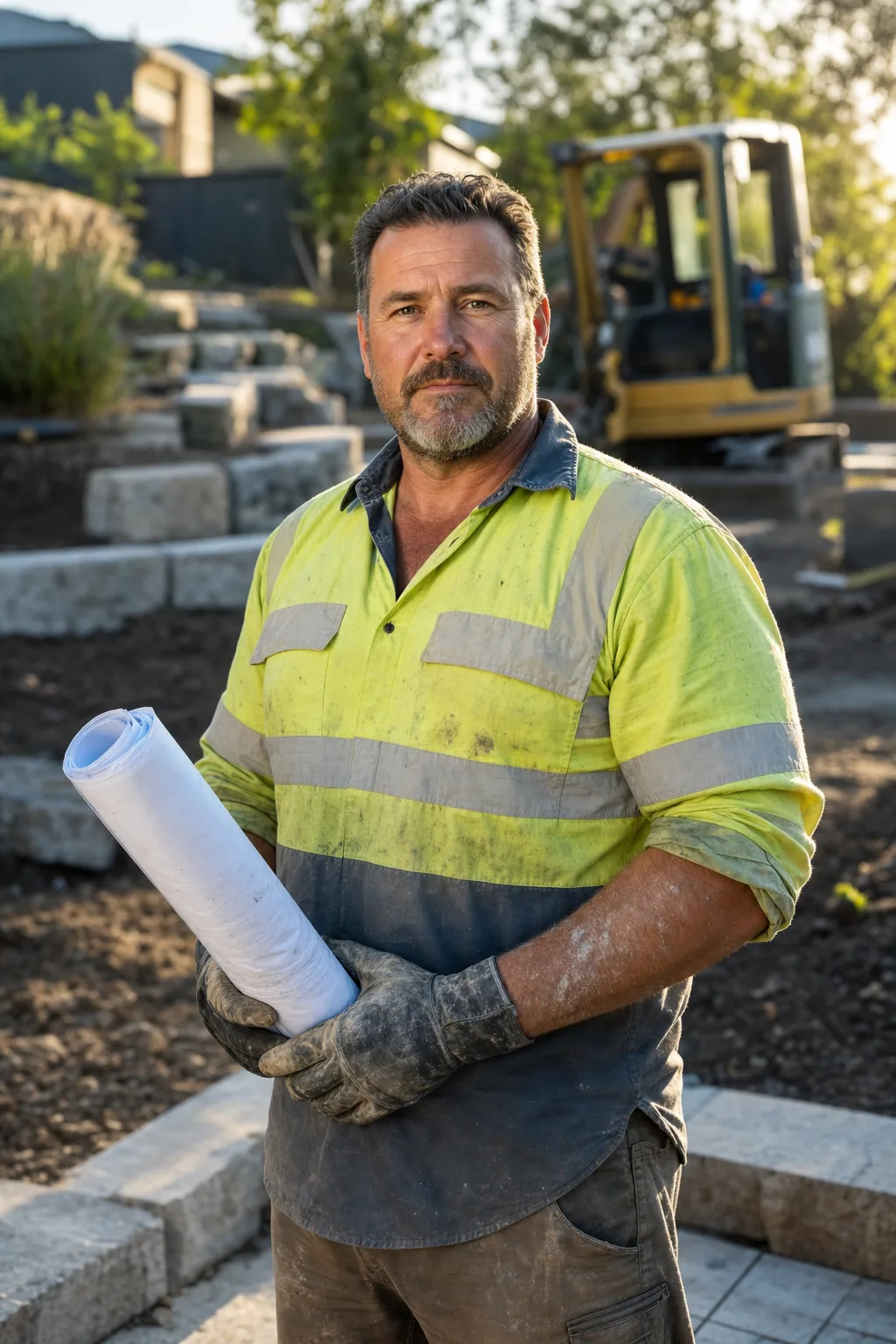 Casey Bloom holding rolled plans in gloved hands, excavator behind