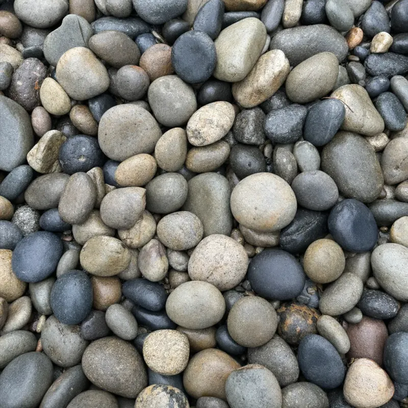 Smooth river rock ground cover, mixed grays and tans
