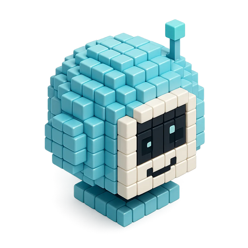 Voxel robot head with friendly eyes