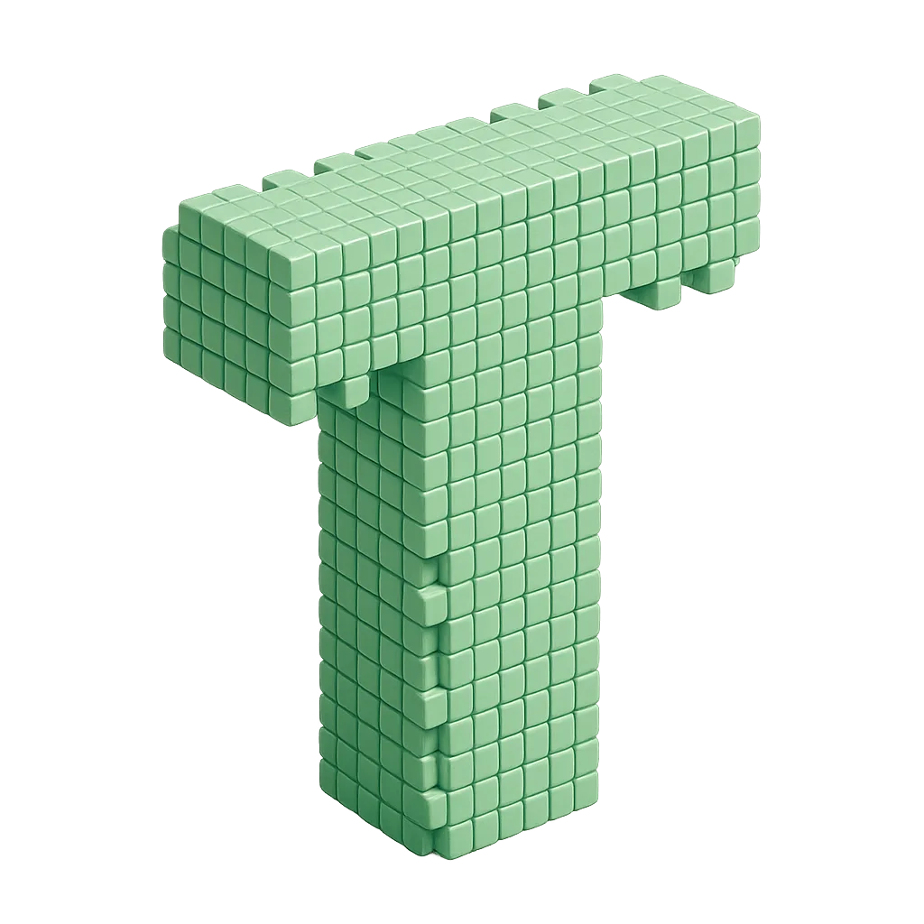 Voxel letter T built from small mint cubes