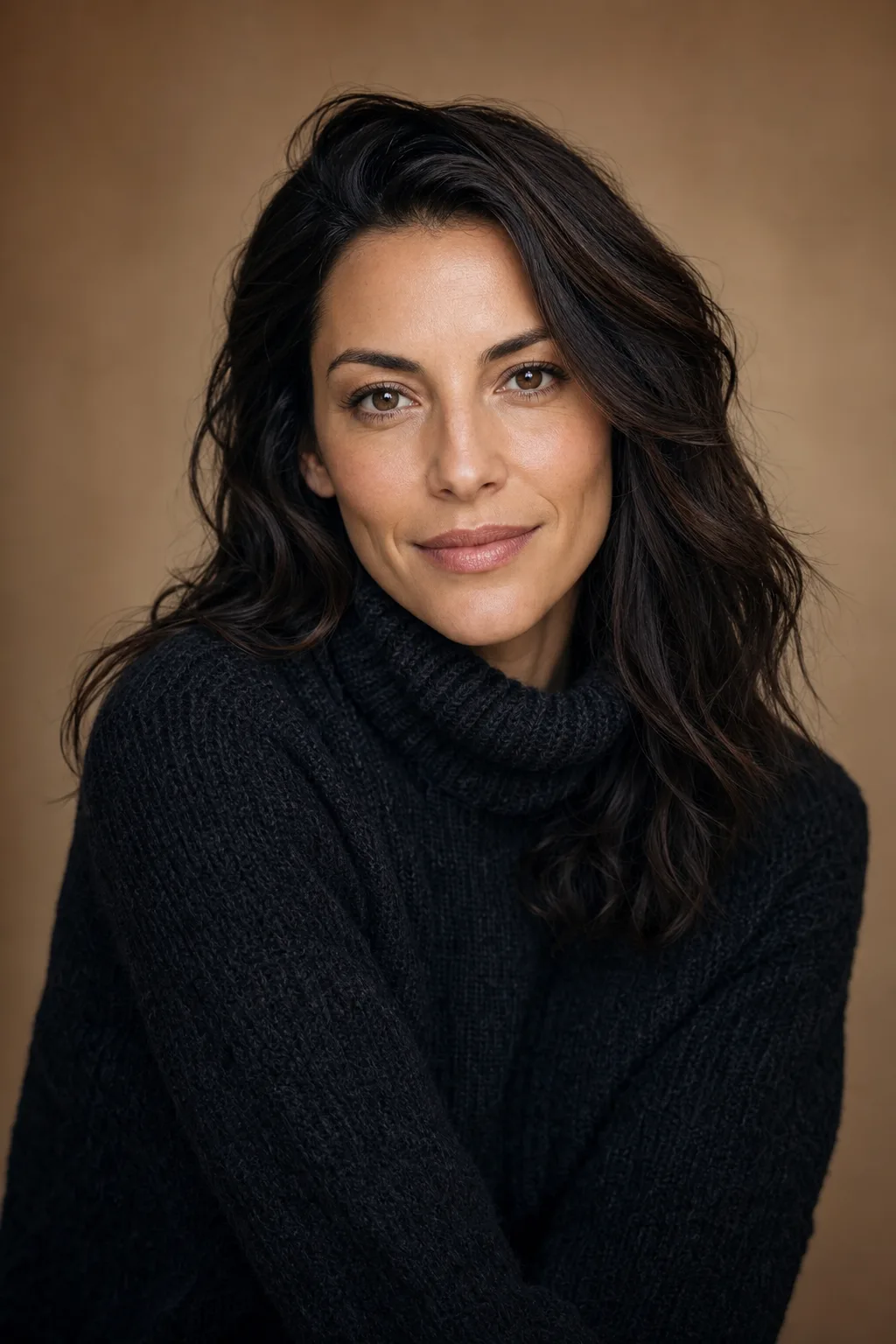 Portrait of a woman in a dark sweater, studio light