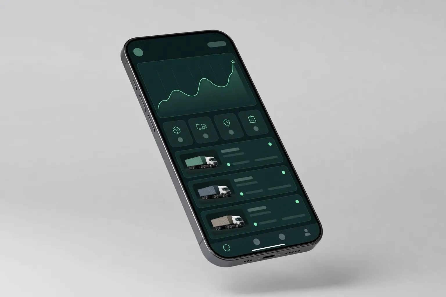 Phone mockup showing a dark freight dispatch app