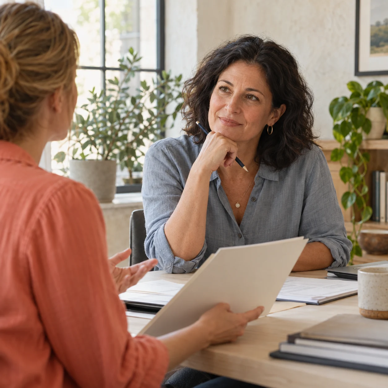 An accountant listening as a business owner brings their records to the table.