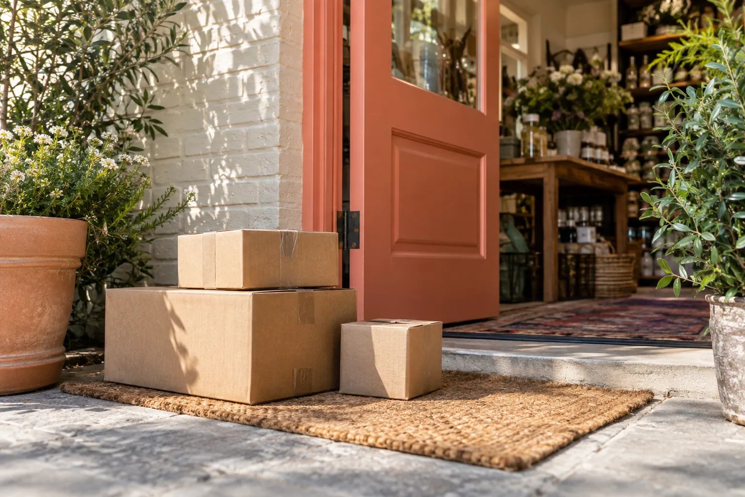 Delivery cartons at a bright shop threshold.