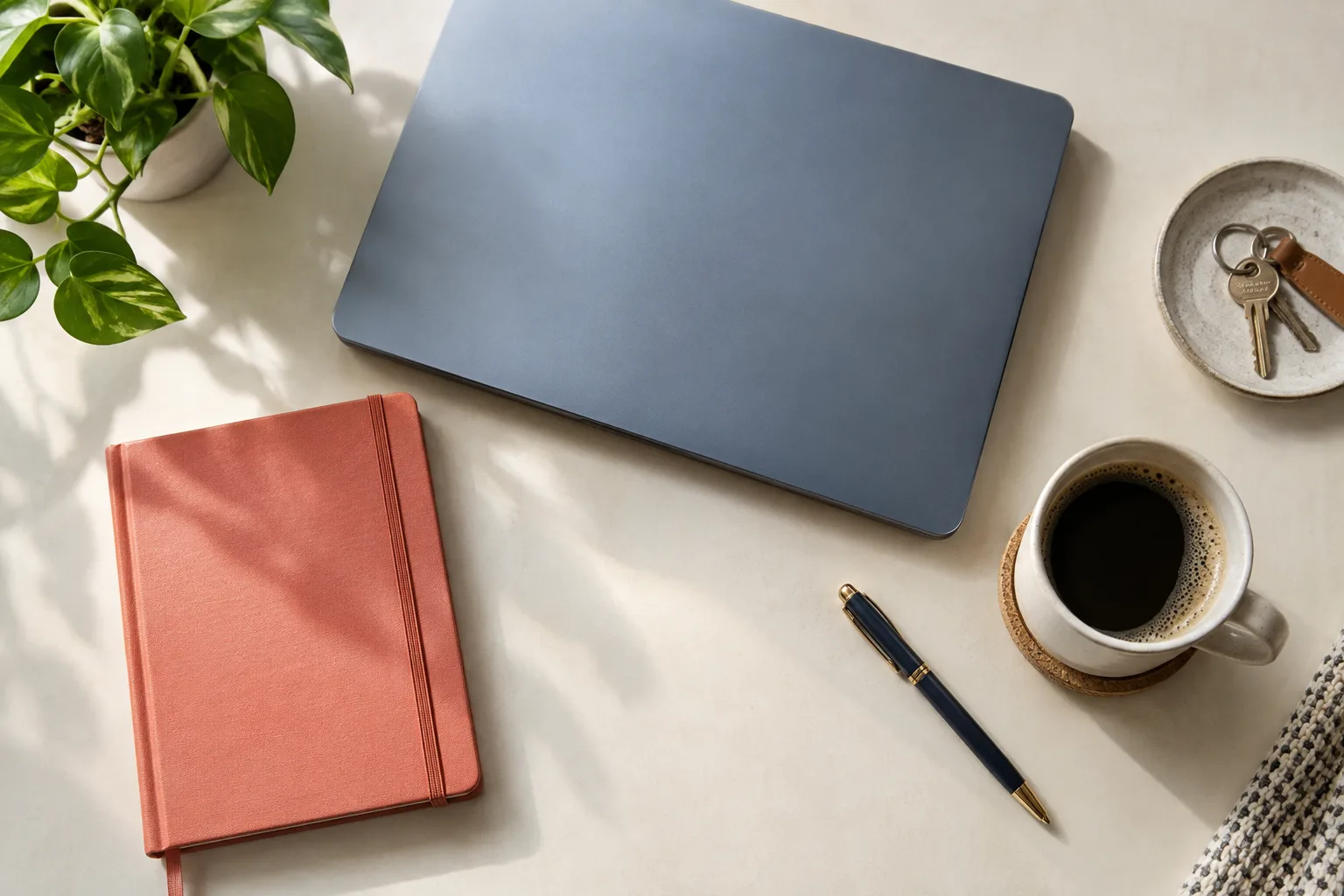 A closed laptop, notebook and keys arranged on a light desk.