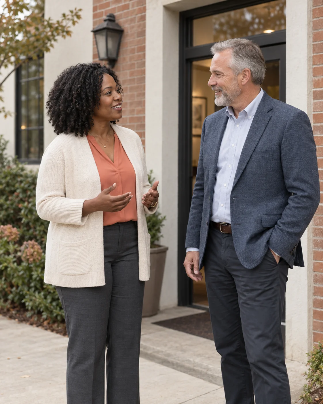 Two people talking outside a neighborhood office.