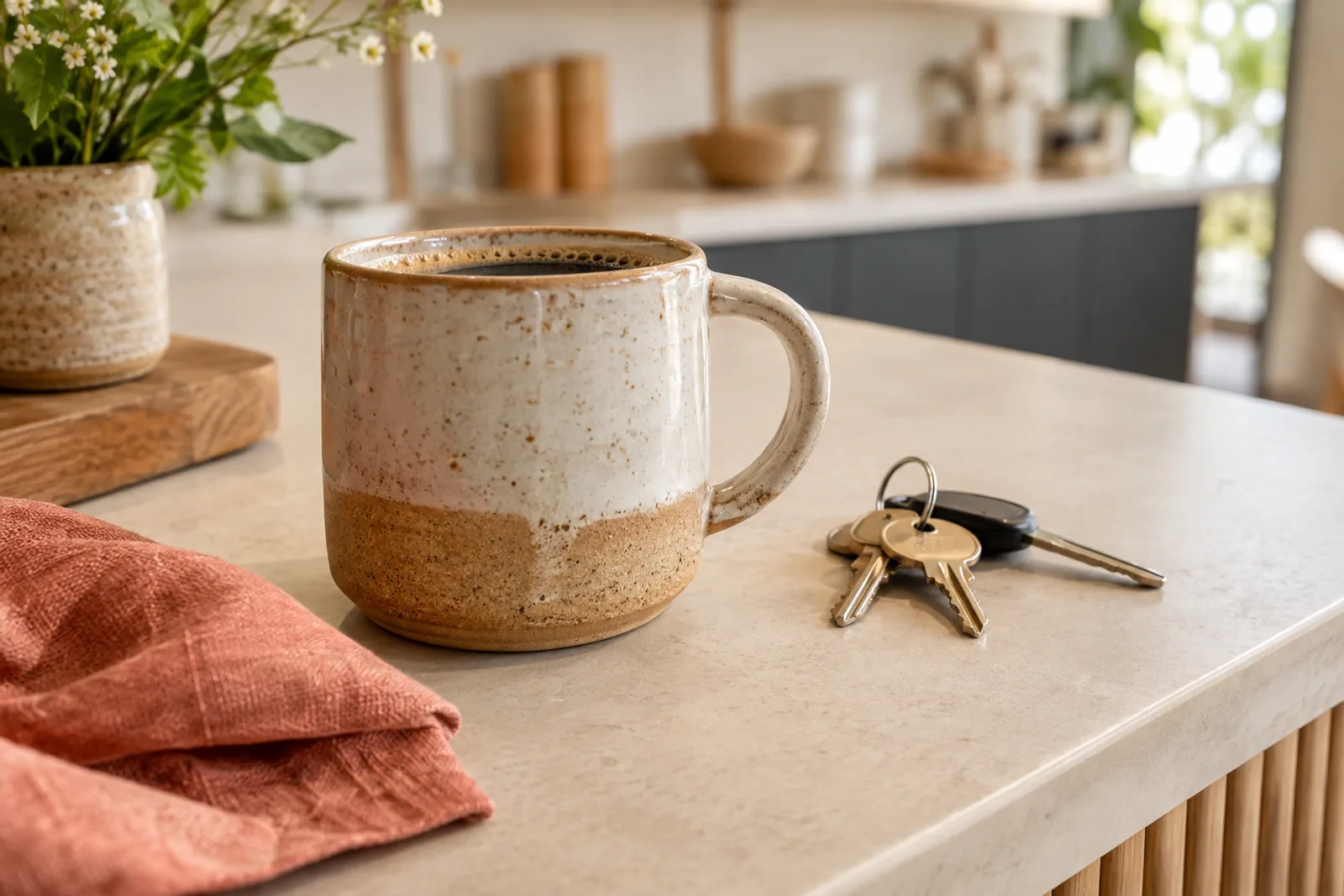 A ceramic mug and keys at a shop counter.