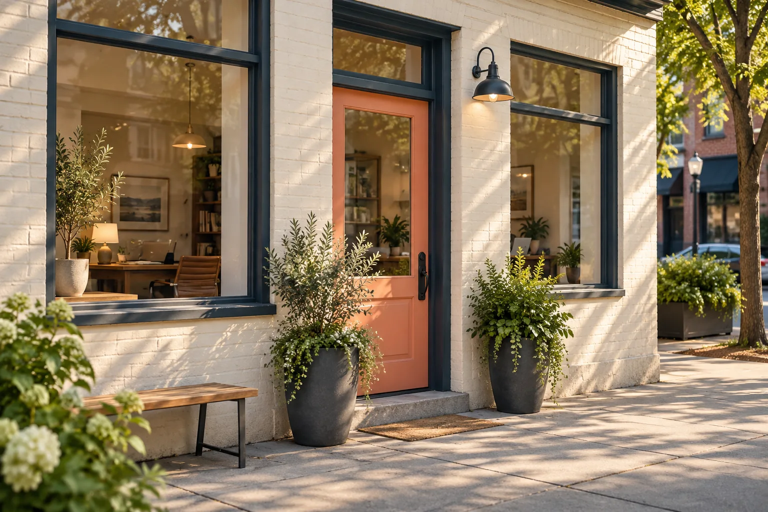 A sunlit independent shop with a coral doorway.