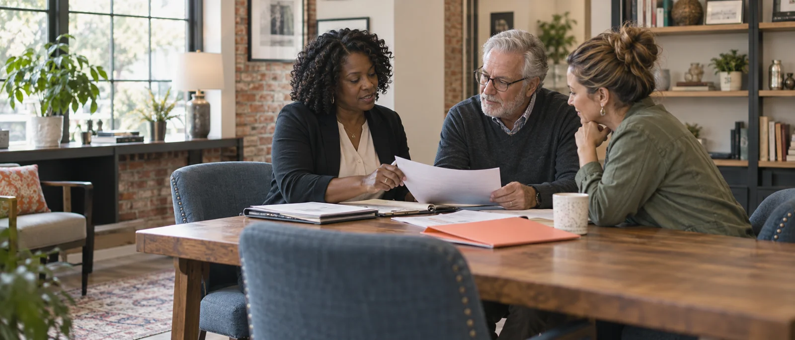 A small-business owner and accounting team reviewing papers in a bright office.