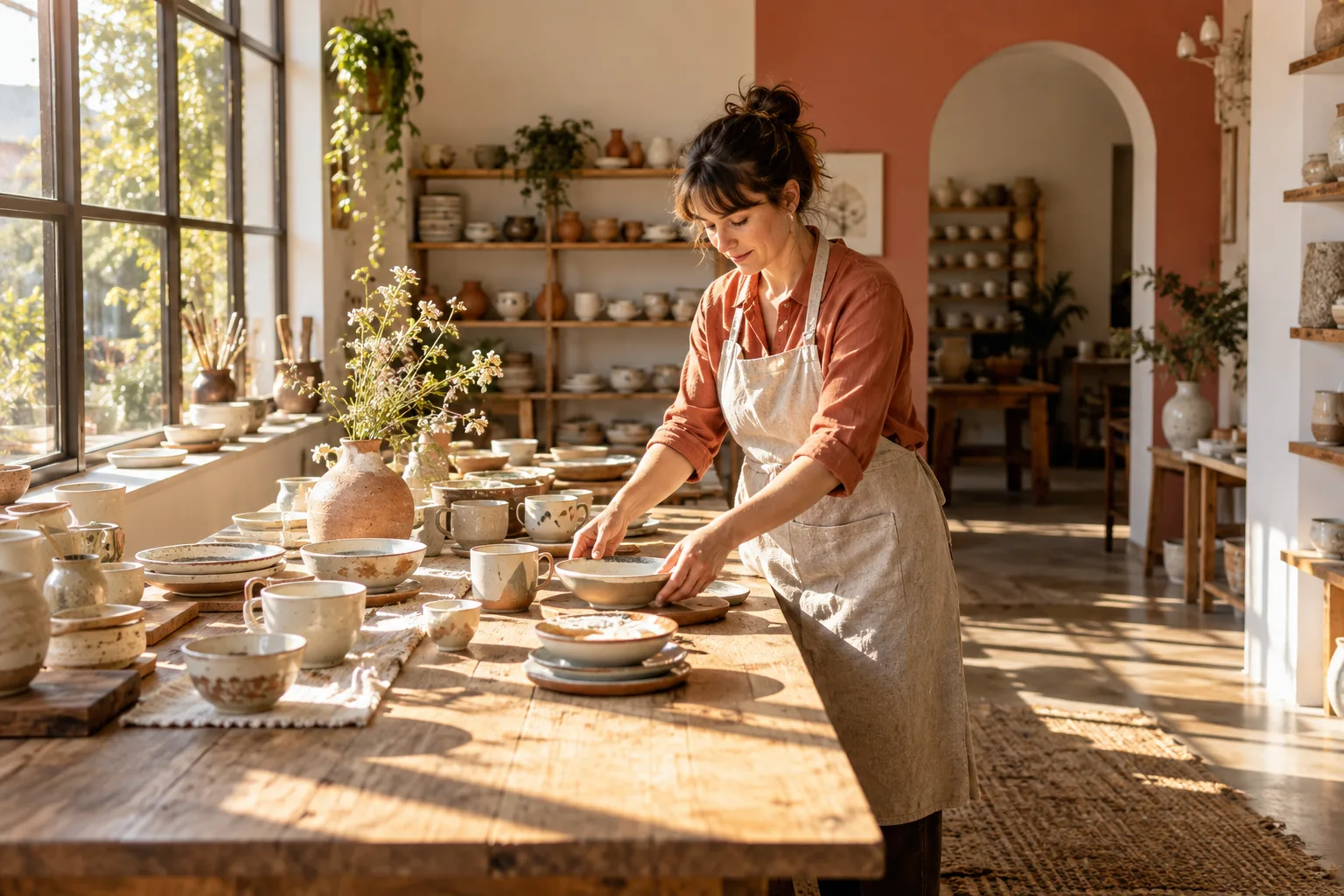 A maker arranging ceramic pieces at a workbench.