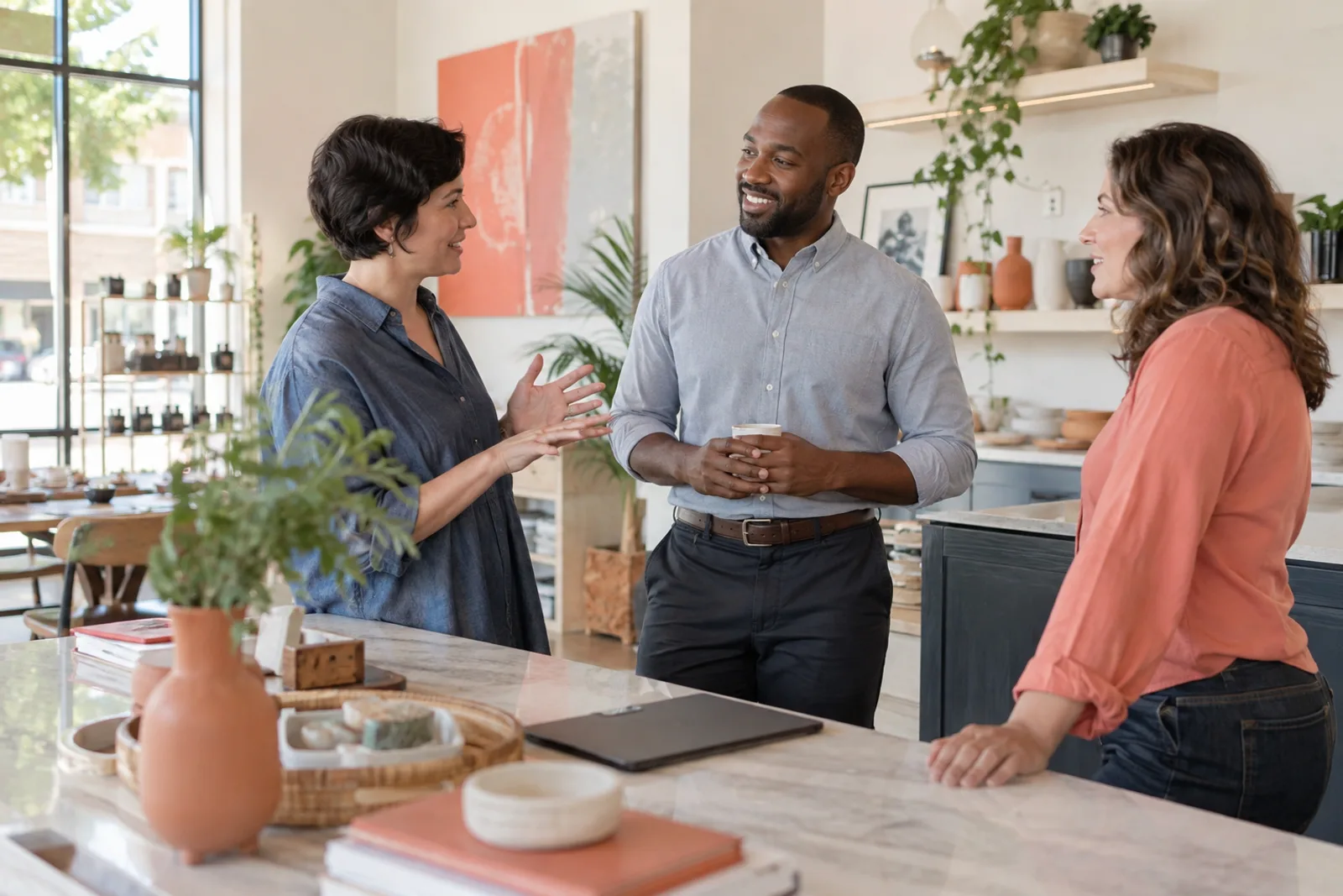 A natural conversation around a neighborhood business counter.