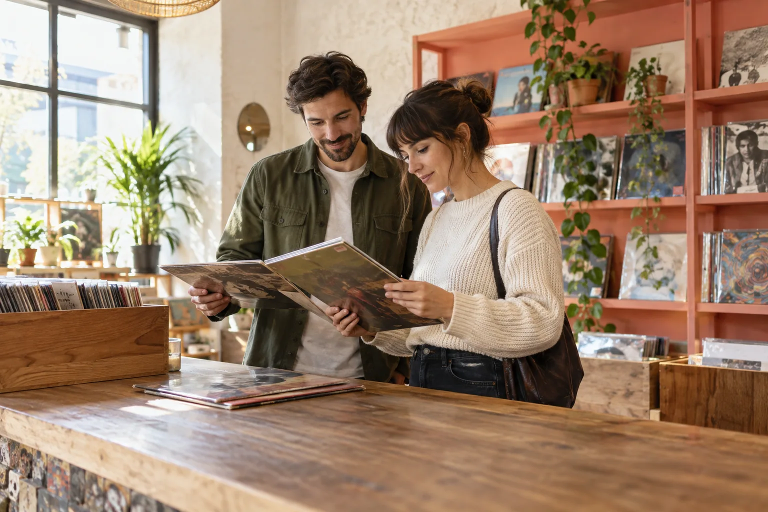 Comparing records at a standing counter.