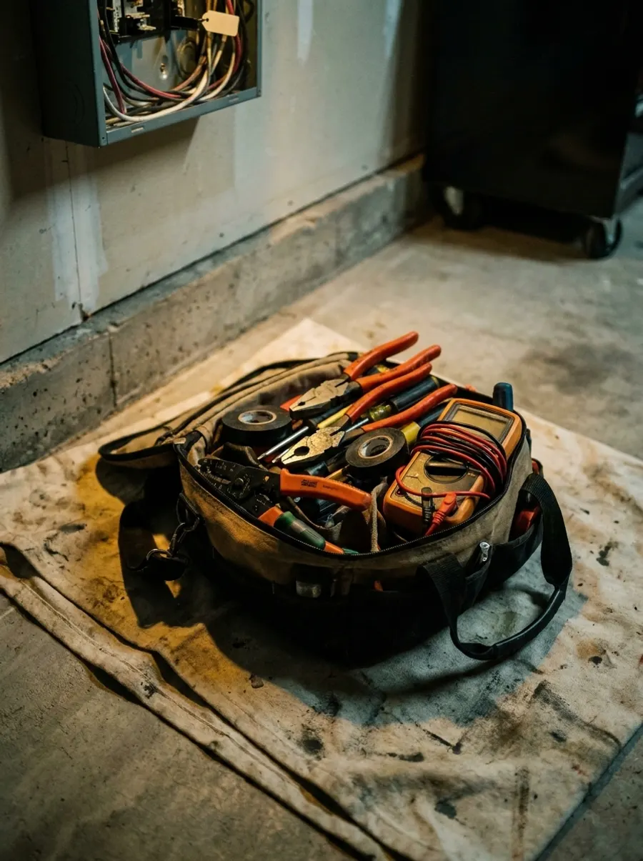 Open canvas tool bag with electrical tools and a multimeter laid out on a drop cloth
