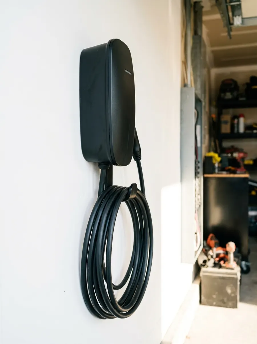 Matte-black EV charger mounted on a clean garage wall with its cable coiled on the hook