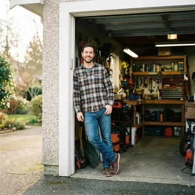 Portrait of Chris, a homeowner, standing in his open garage doorway
