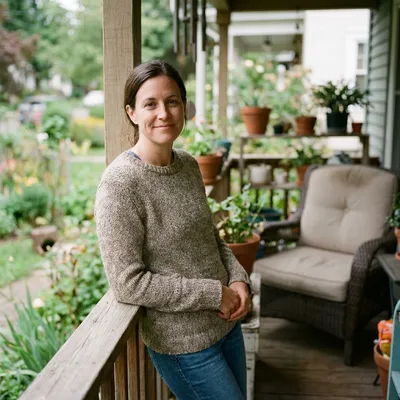 Portrait of Dana, a homeowner, on her front porch