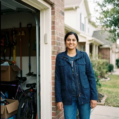 Portrait of Priya, a homeowner, standing in her driveway