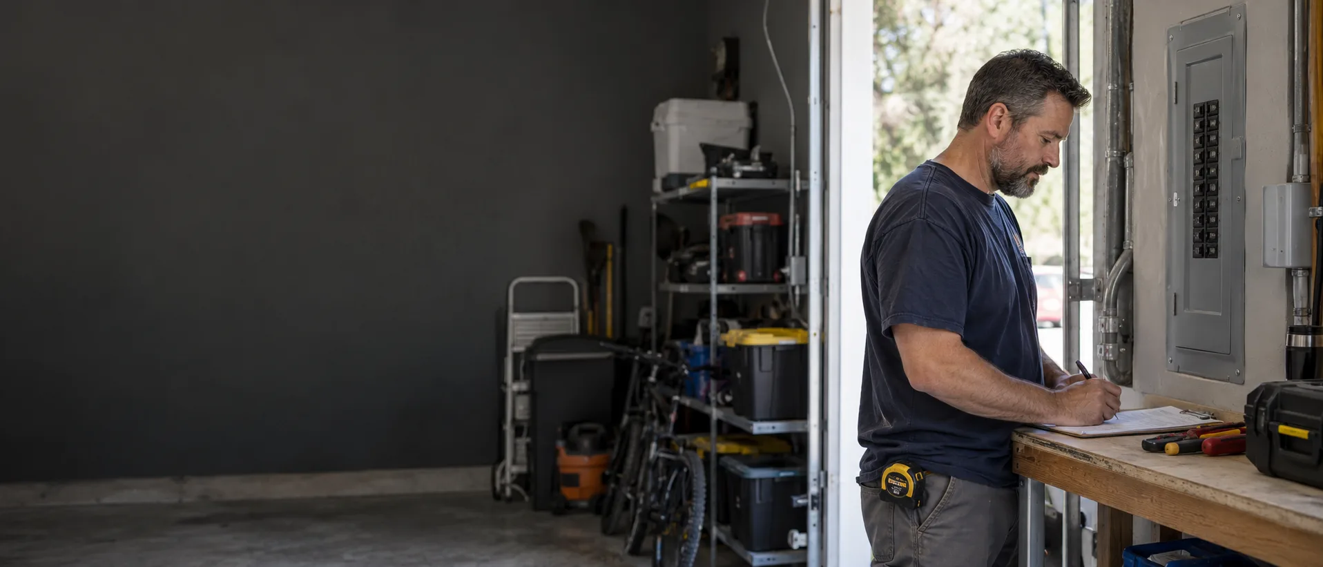 Electrician writing job notes beside a residential breaker panel in a daylight-filled garage