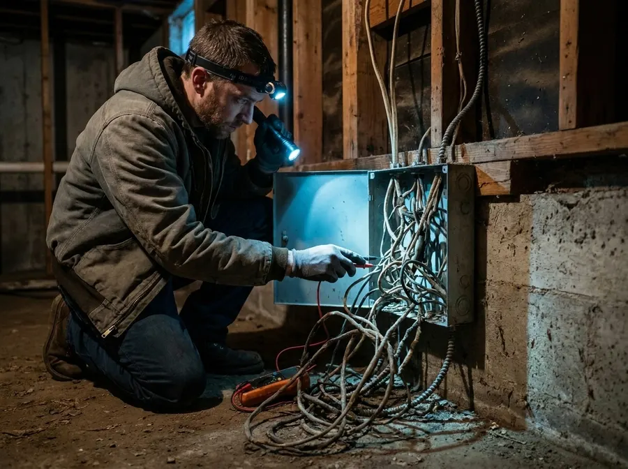 Electrician inspecting an open junction box with a flashlight in an older basement