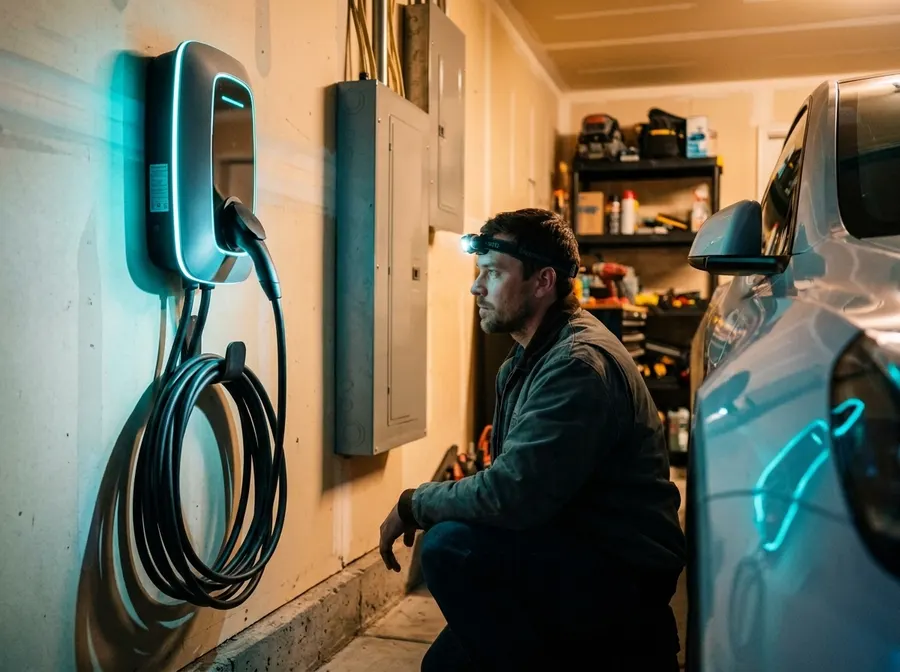 Wall-mounted EV charger with a coiled cable in a clean garage beside a parked car