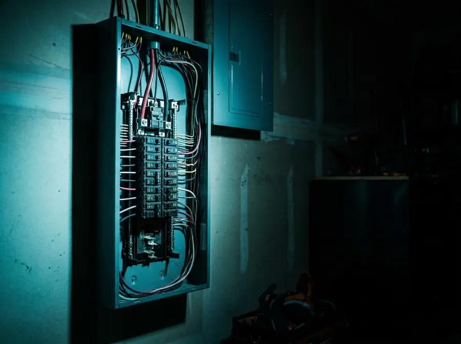 New 200-amp electrical panel with neat breaker rows and dressed wiring on a utility wall