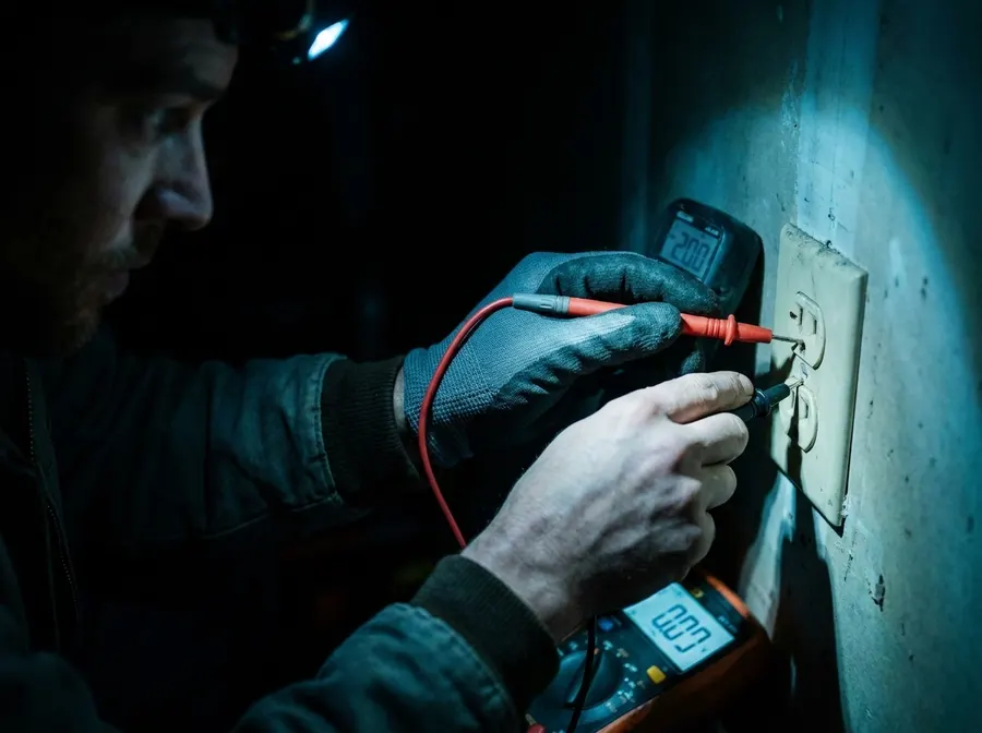 Electrician's hands holding a multimeter probe to a wall outlet in a dark room