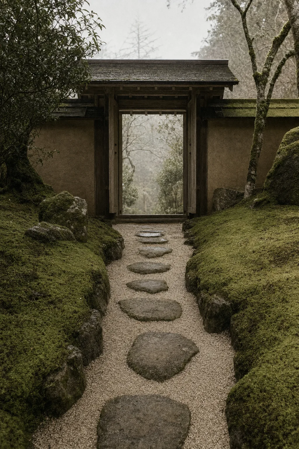 A raked passage and open gate in the Baika garden