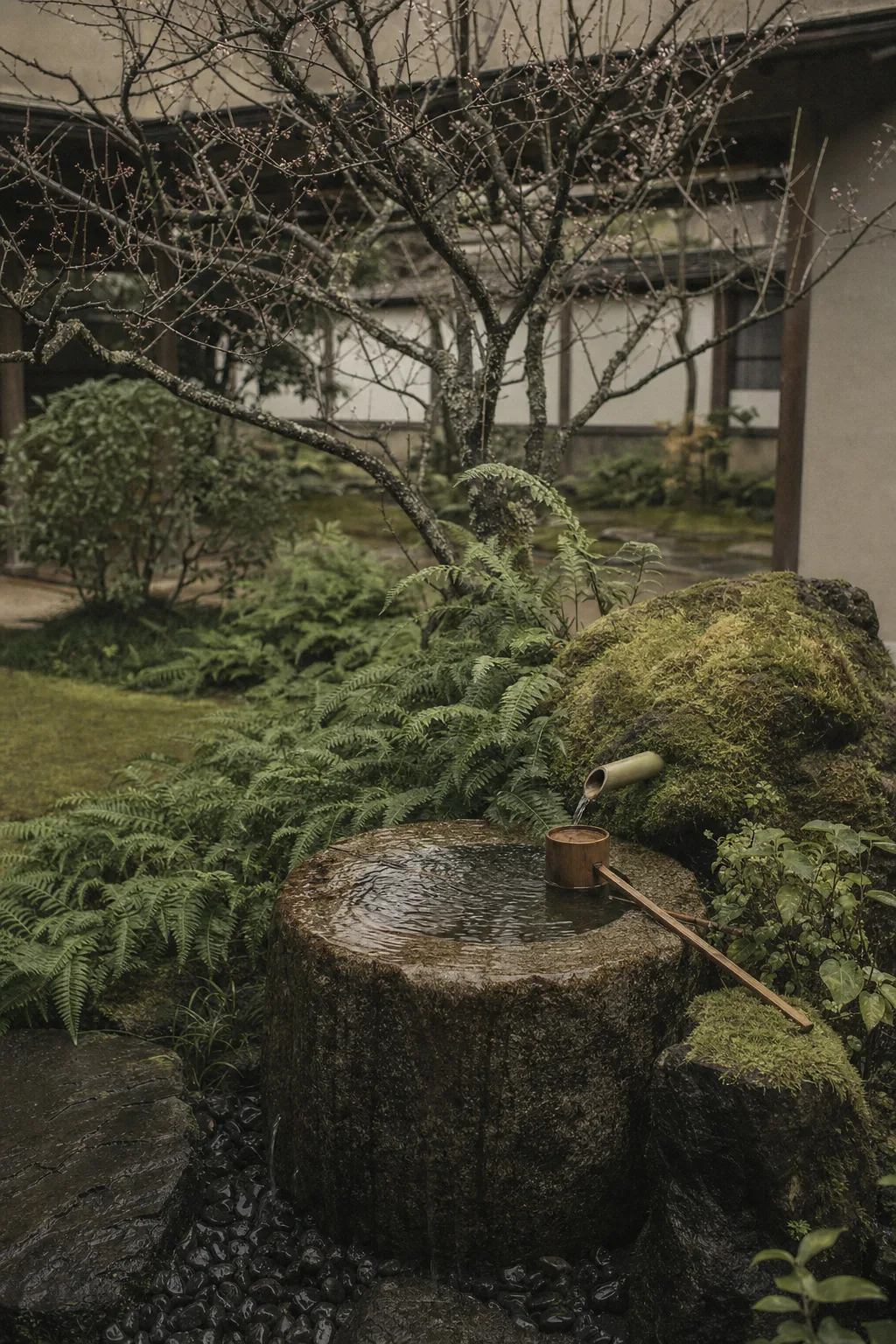 A stone water basin and bamboo dipper in the Baika garden