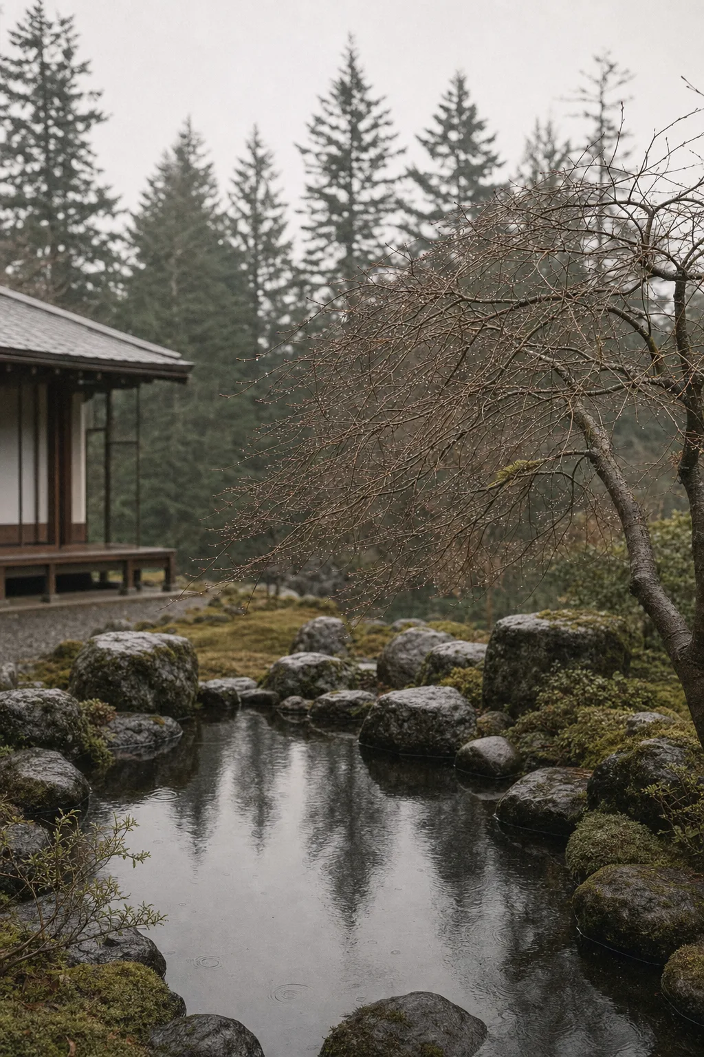 Still water and a leaning maple in the Baika garden