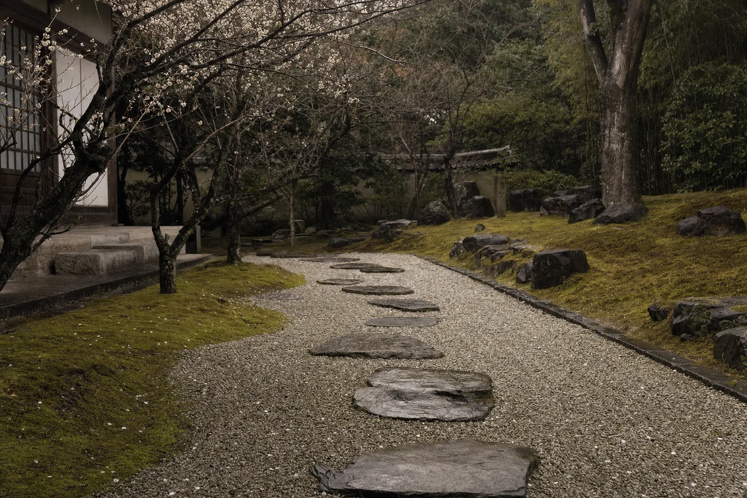 A glance along a raked path in the Baika garden