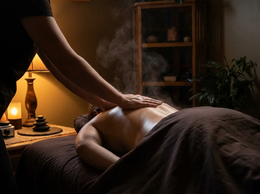 A therapist's forearms working through a client's upper back in a dim, warm room