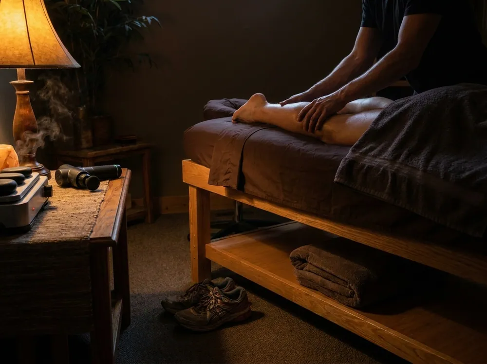Calf and hamstring work on the table, running shoes resting by the table edge