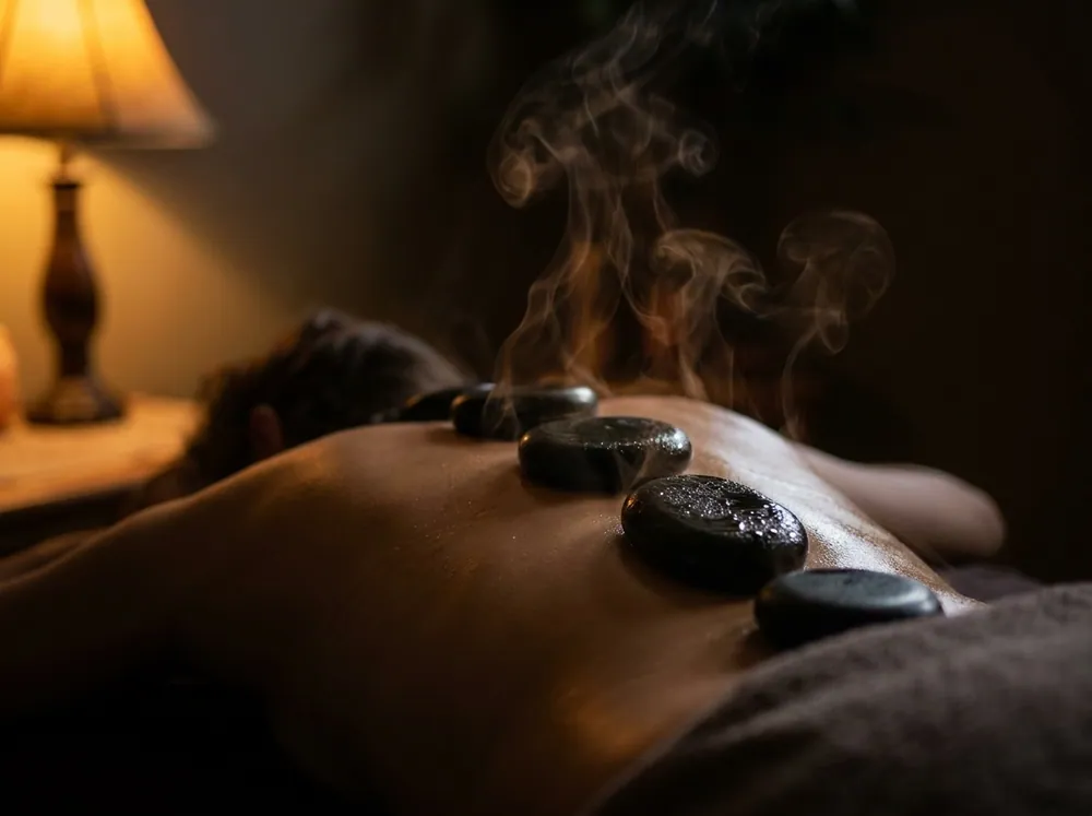 Heated black basalt stones laid along a client's spine, steam lifting off them