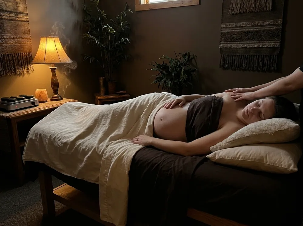 A pregnant client side-lying with support cushions, a therapist's hands at the shoulder