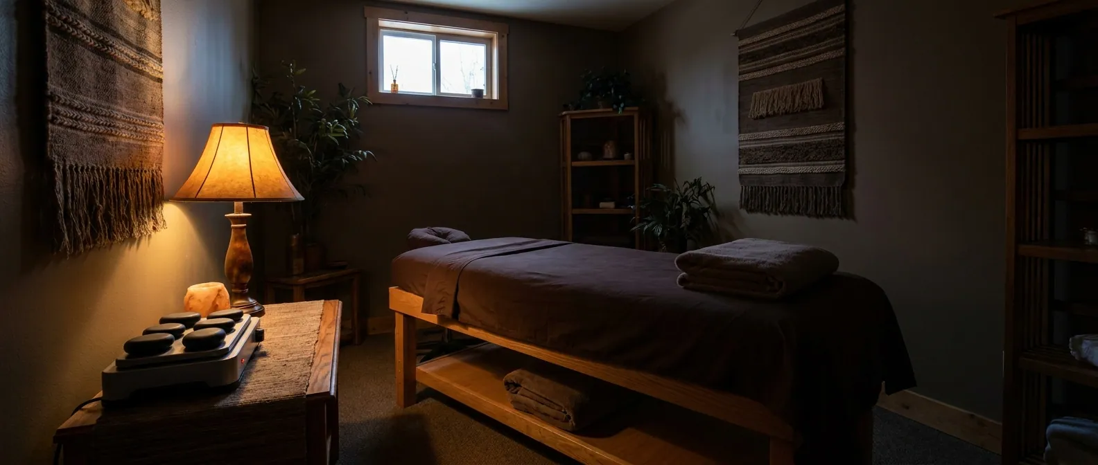 A small treatment room at dawn: made table with dark linens, a warm lamp, stones on the warmer