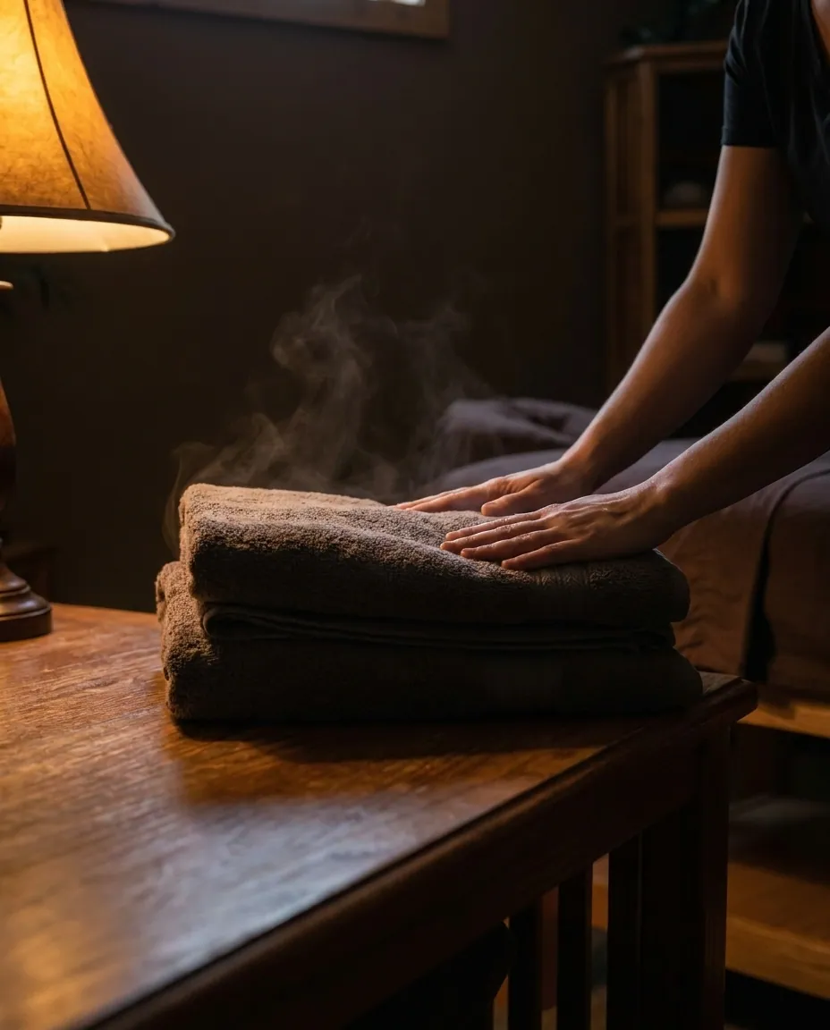 Folded dark towels and a therapist's hands resting on the edge of a massage table