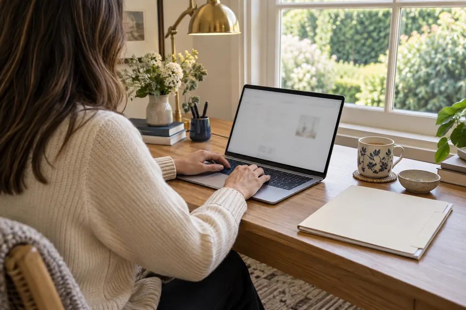 A woman using a laptop beside a physical folder at a home desk.