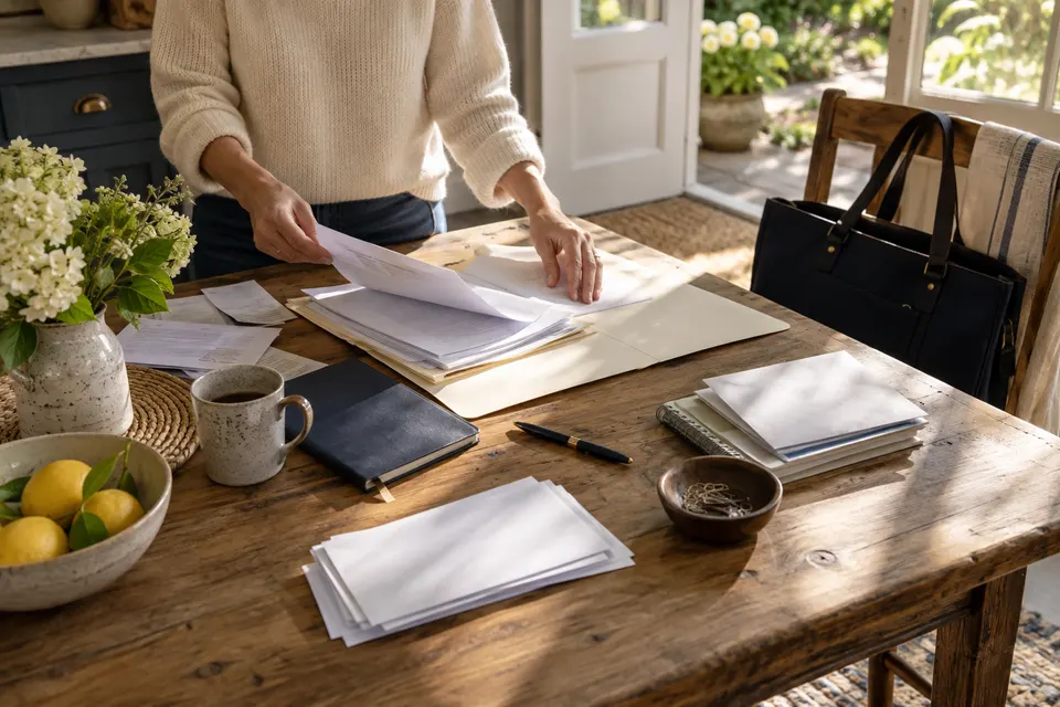 Household paperwork at a kitchen table.