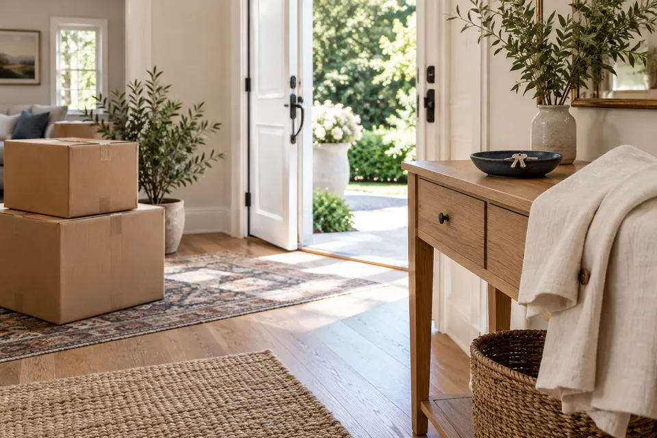 Moving boxes beside an open residential doorway.